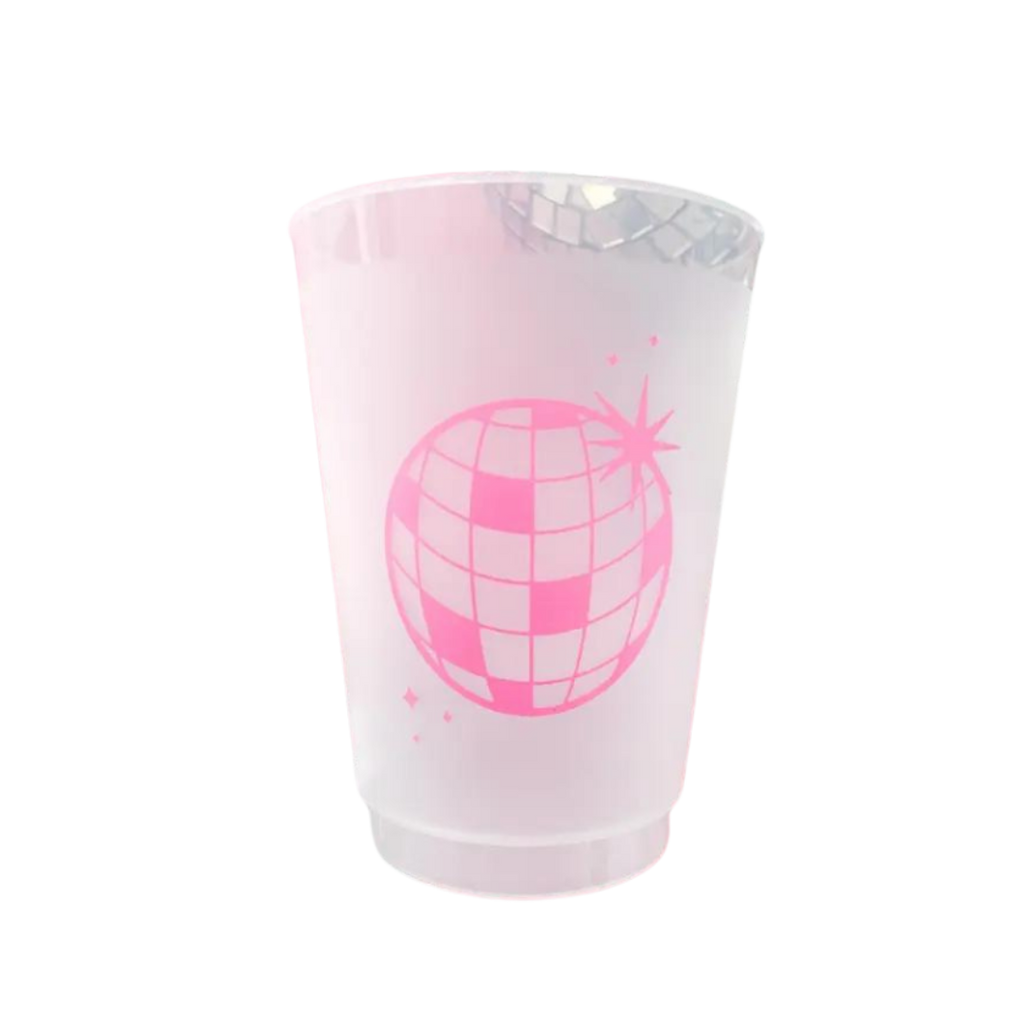 Pink disco ball plastic cup featuring a retro dance party theme from Parte Haus party supply store in Bethesda MD