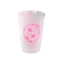 Pink disco ball plastic cup featuring a retro dance party theme from Parte Haus party supply store in Bethesda MD