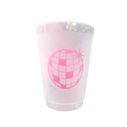 Pink disco ball plastic cup featuring a retro dance party theme from Parte Haus party supply store in Bethesda MD