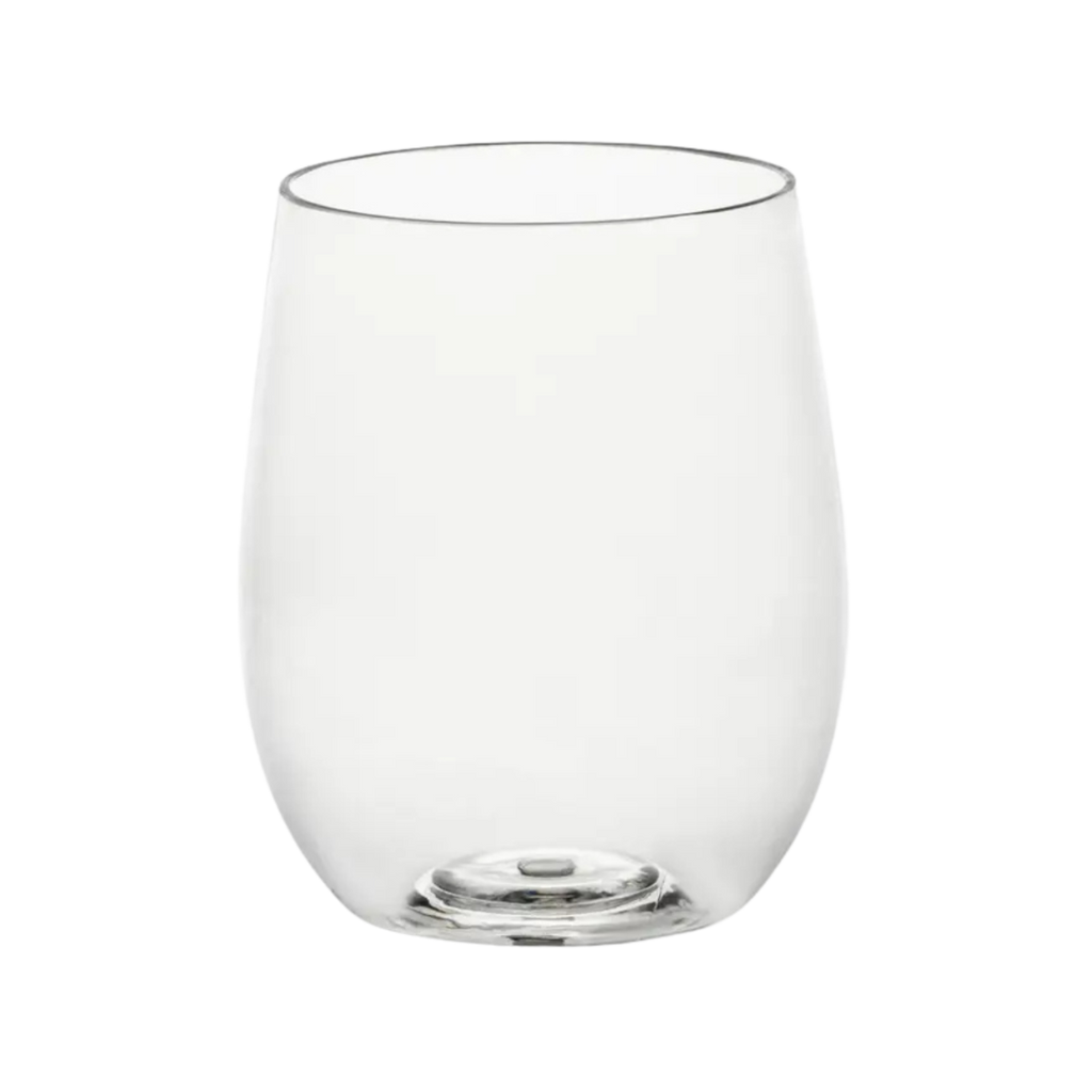 Clear stemless wine glass modern tumbler for celebrations from Parte Haus party supply store in Bethesda Maryland