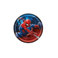 Red blue superhero round plate with web city background birthday theme from Parte Haus party supply store in Bethesda MD