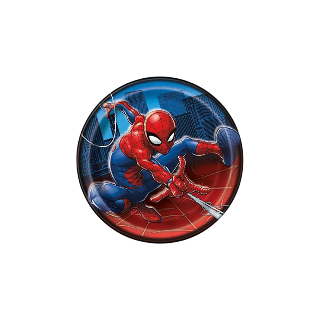 Red blue superhero round plate with web city background birthday theme from Parte Haus party supply store in Bethesda MD