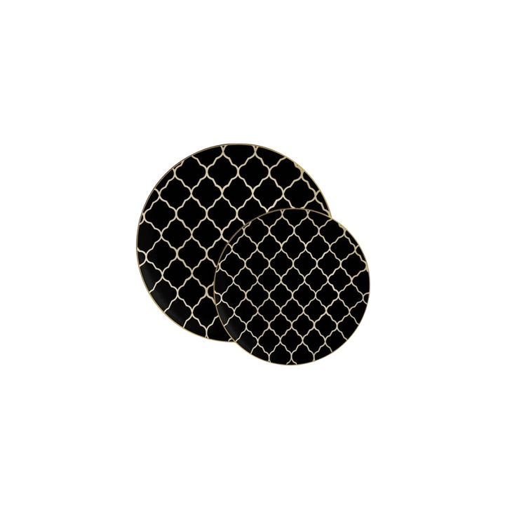 Black Lattice Pattern Gold Rimmed Plastic Plates