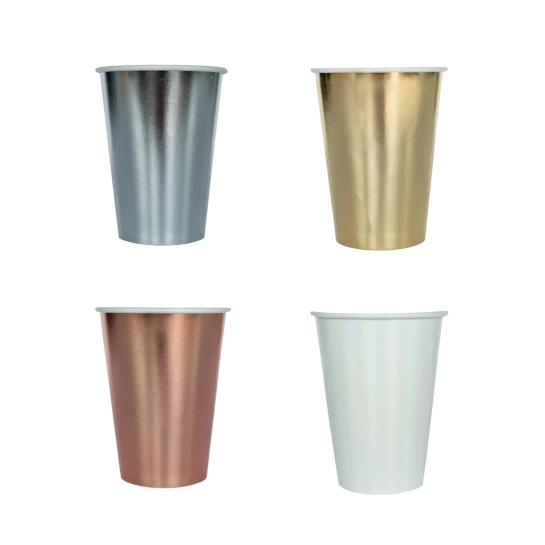 Silver gold rose gold and white paper cups metallic finish for birthday from Parte Haus party supply store in Bethesda MD