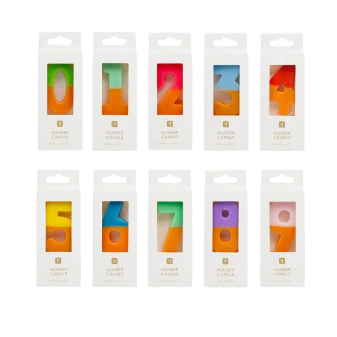Colorful number candles in boxes perfect for birthdays or celebrations from Parte Haus party supply store in Bethesda Maryland