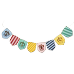Multicolor banner garland with shield patterns magical birthday theme from Parte Haus party supply store in Bethesda MD