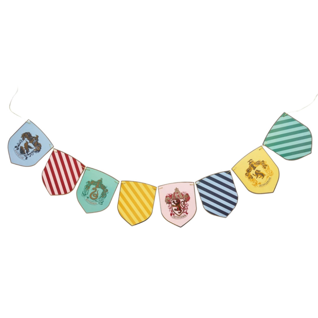 Multicolor banner garland with shield patterns magical birthday theme from Parte Haus party supply store in Bethesda MD