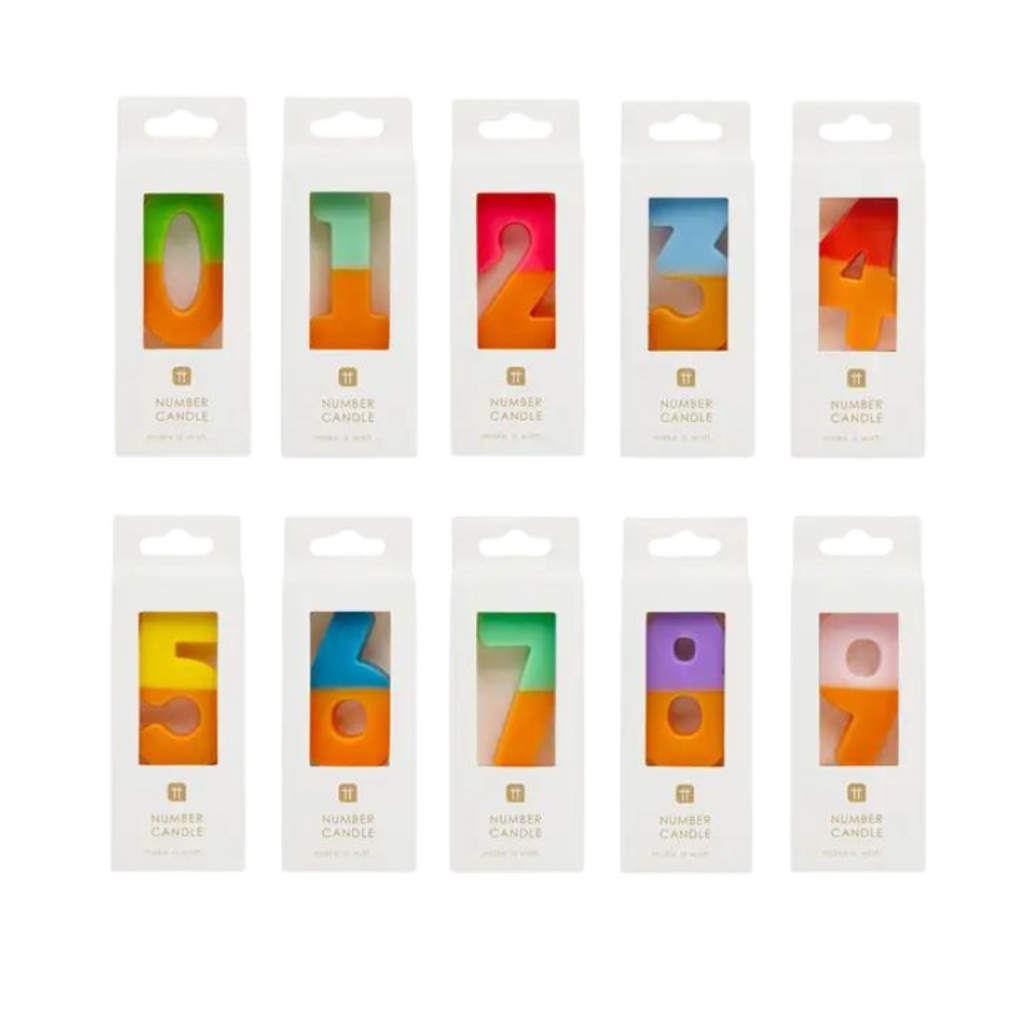 Multicolor number candles in white boxes for birthday from Parte Haus party supply store in Bethesda Maryland