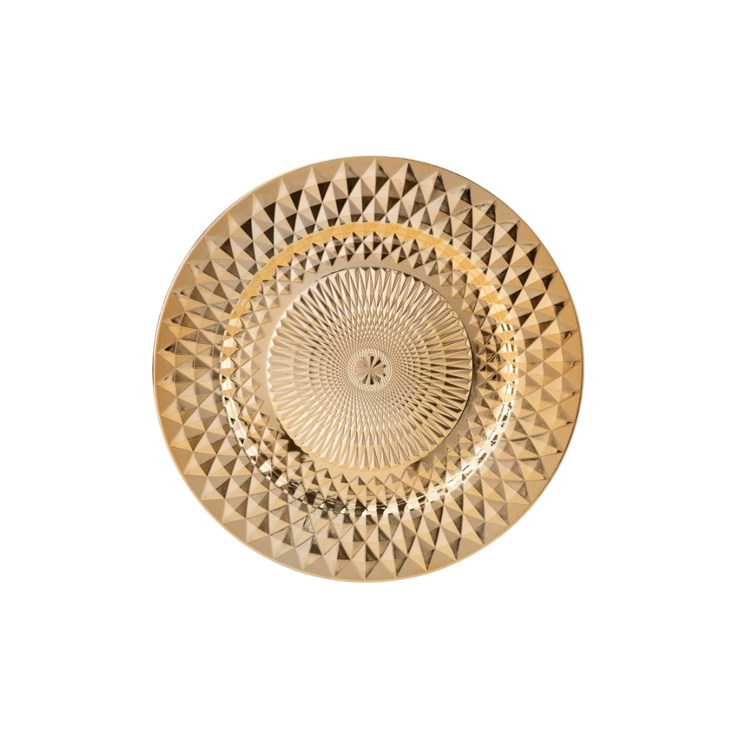 Gold decorative plate with geometric pattern for celebration from Parte Haus party supply store in Bethesda Maryland