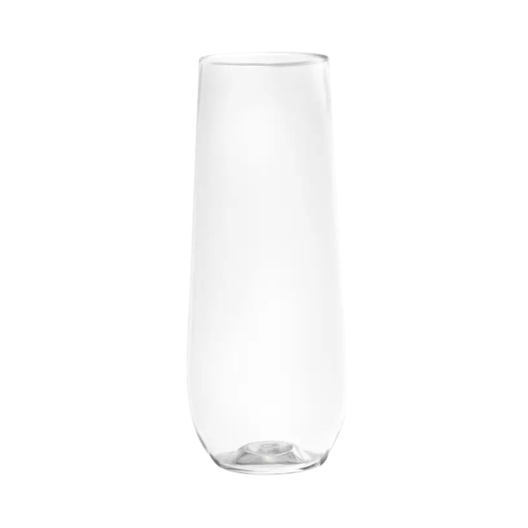 Clear plastic champagne flute with modern tall design celebration theme from Parte Haus party supply store in Bethesda MD