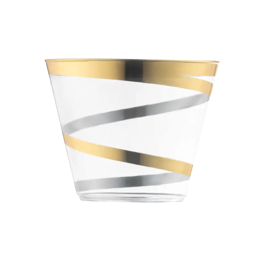 Gold and silver plastic cup with diagonal stripes for celebration from Parte Haus party supply store in Bethesda MD