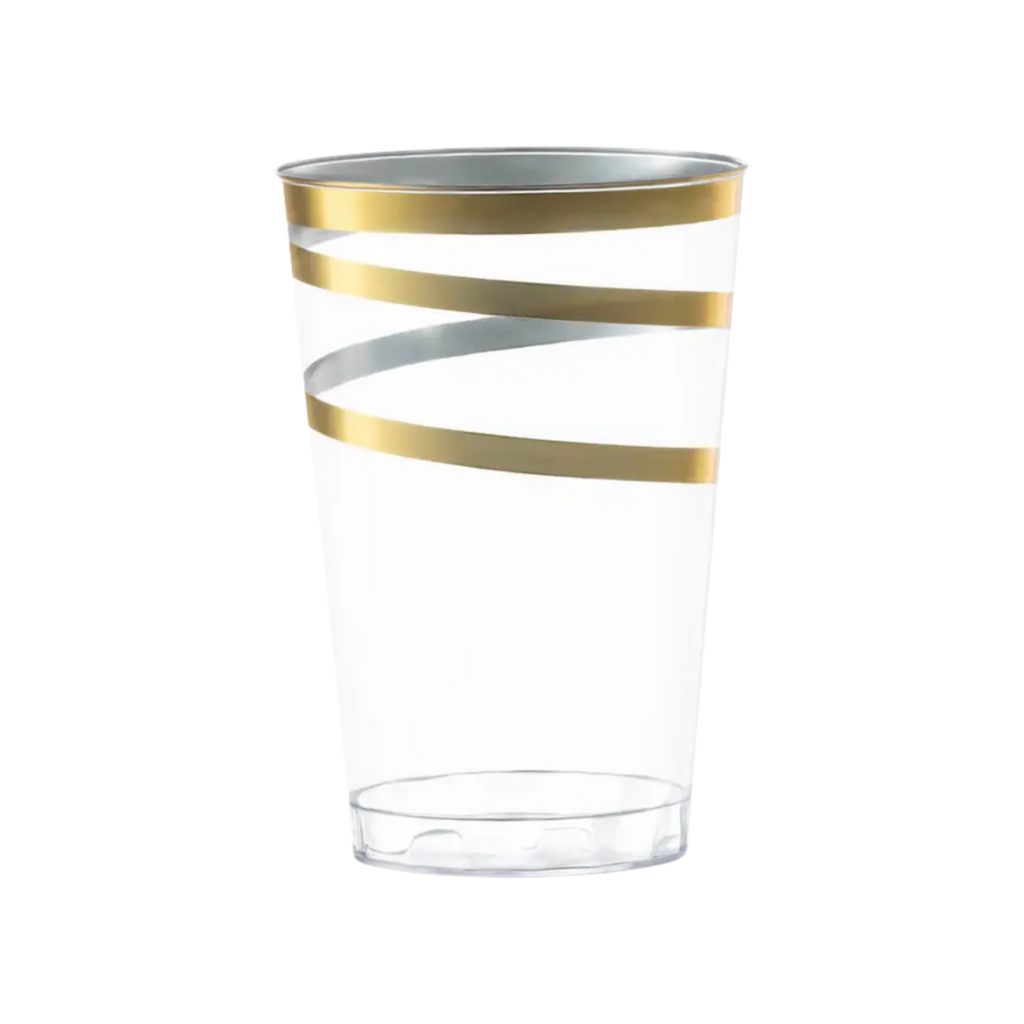 Gold striped plastic cup elegant drinkware for celebrations from Parte Haus party supply store in Bethesda MD