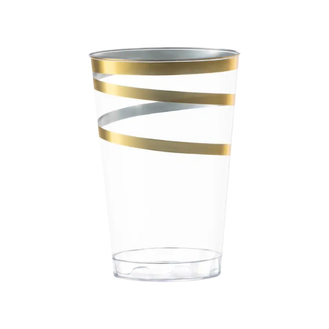 Gold striped plastic cup elegant drinkware for celebrations from Parte Haus party supply store in Bethesda MD