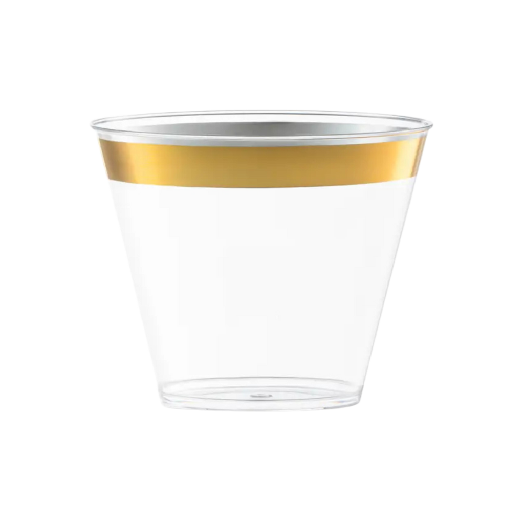 Gold rim clear plastic cup elegant drinkware for celebrations from Parte Haus party supply store in Bethesda Maryland
