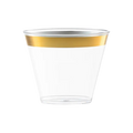 Gold rim clear plastic cup elegant drinkware for celebrations from Parte Haus party supply store in Bethesda Maryland