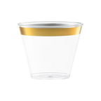 Gold rim clear plastic cup elegant drinkware for celebrations from Parte Haus party supply store in Bethesda Maryland