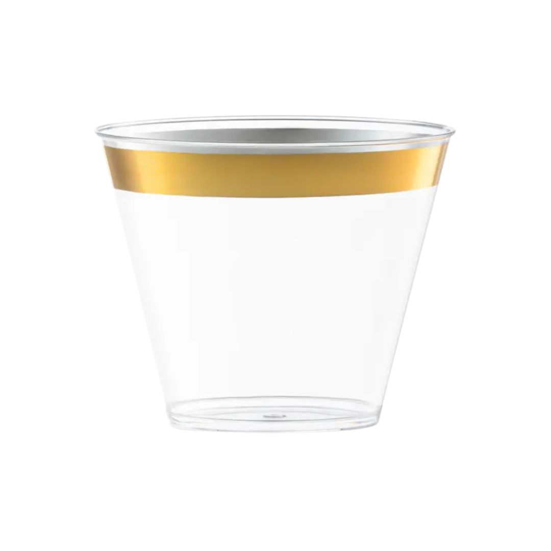 Gold rim clear plastic cup elegant drinkware for celebrations from Parte Haus party supply store in Bethesda Maryland