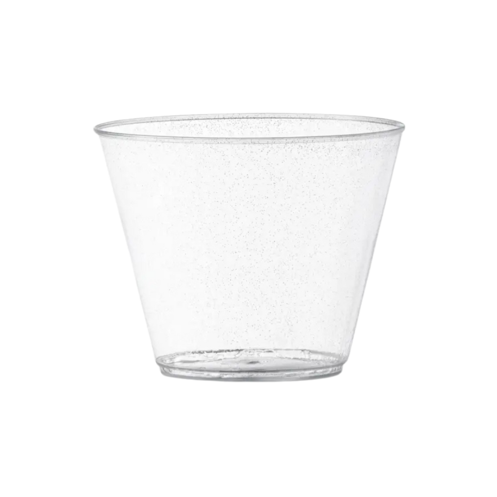 Clear plastic tumbler with subtle glitter for celebrations from Parte Haus party supply store in Bethesda Maryland