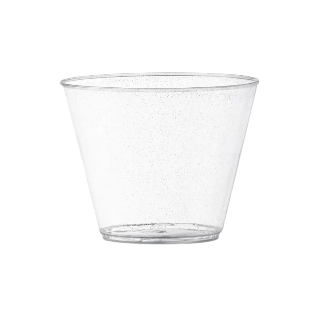 Clear plastic tumbler with subtle glitter for celebrations from Parte Haus party supply store in Bethesda Maryland