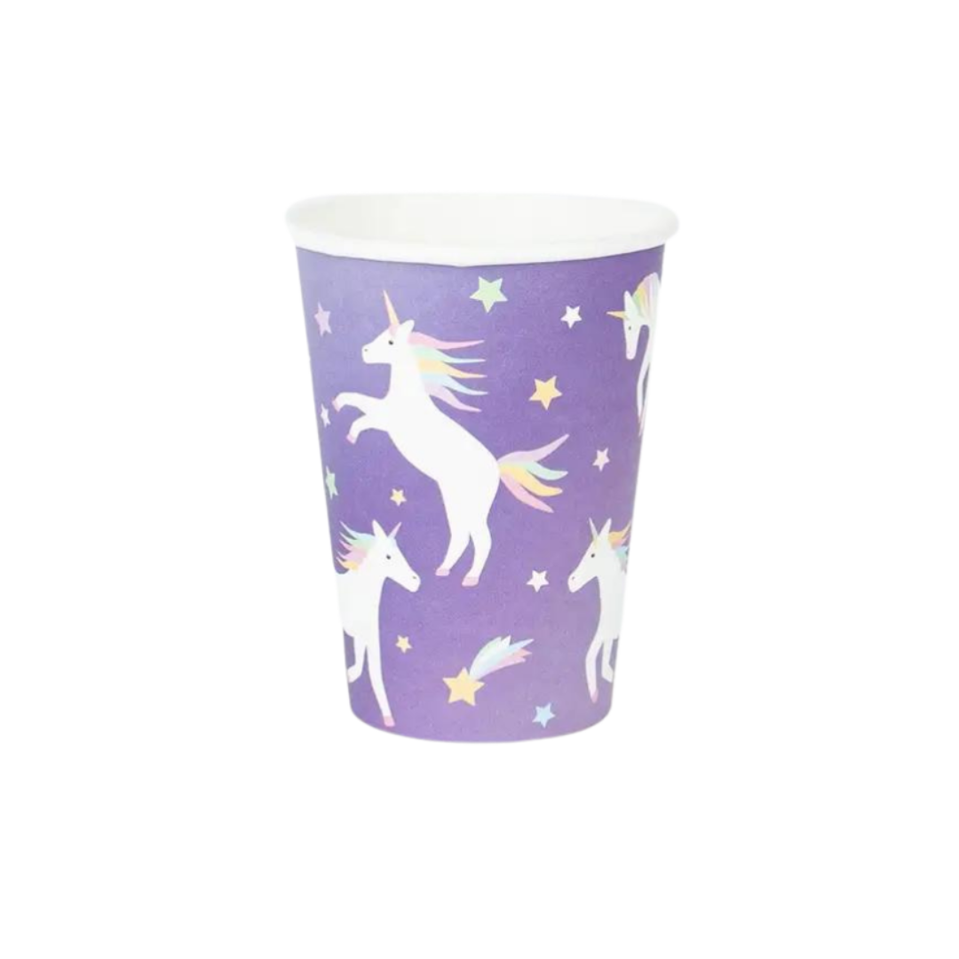 Purple unicorn paper cup with stars for birthday from Parte Haus party supply store in Bethesda Maryland