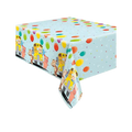 Light blue kids tablecloth with balloons school bus and animal cartoon print birthday from Parte Haus party supply store in Bethesda Maryland
