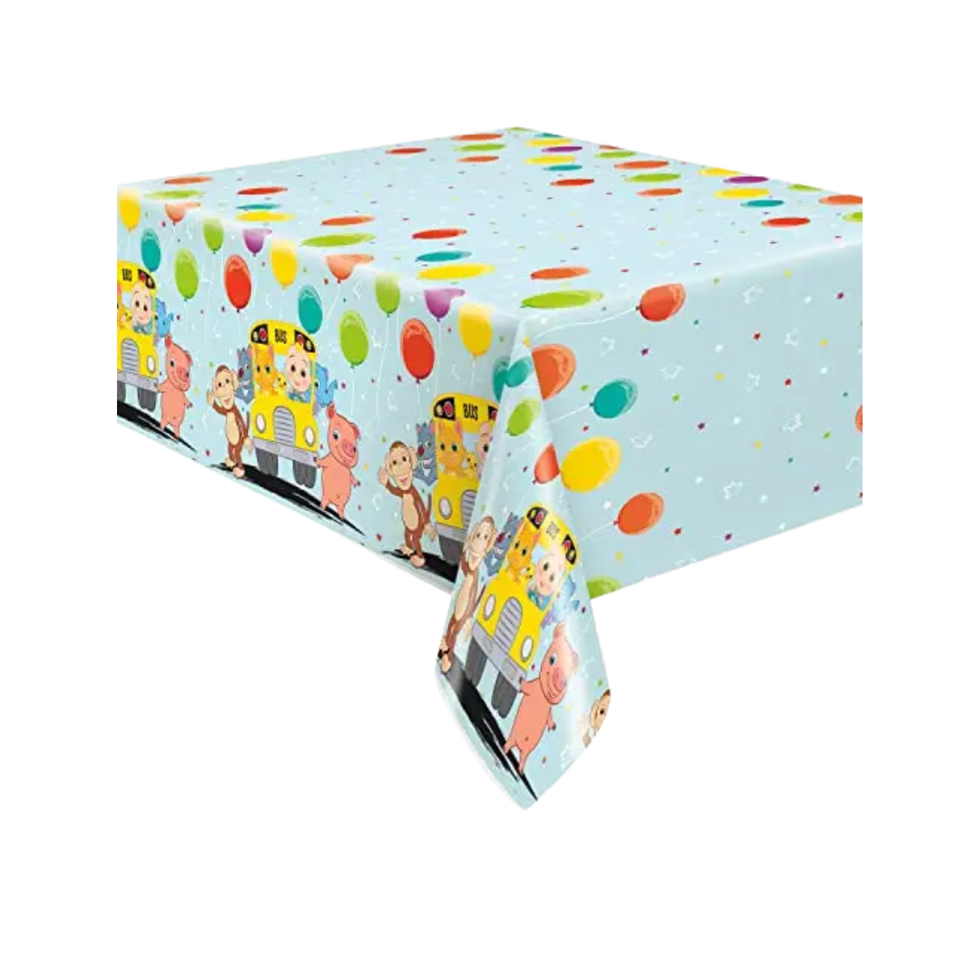 Light blue kids tablecloth with balloons school bus and animal cartoon print birthday from Parte Haus party supply store in Bethesda Maryland