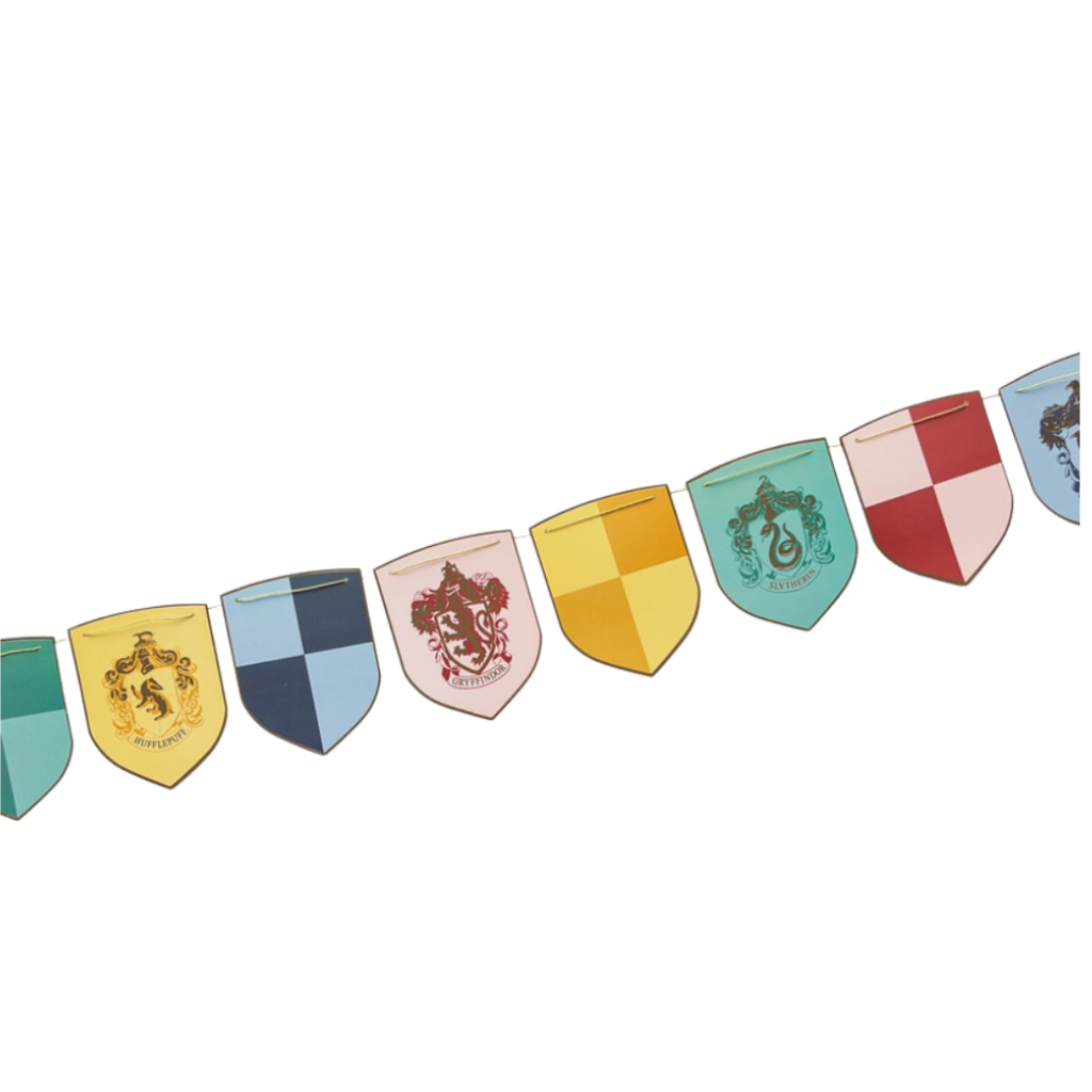 Multicolor shield banner with heraldic designs for wizard birthday from Parte Haus party supply store in Bethesda MD