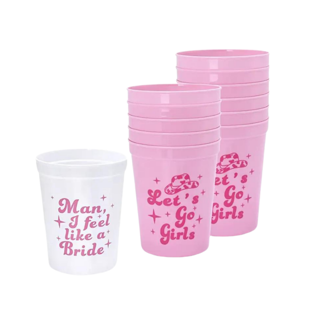 Pink and white bachelorette cups with fun bridal sayings from Parte Haus party supply store in Bethesda MD