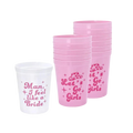 Pink and white bachelorette cups with fun bridal sayings from Parte Haus party supply store in Bethesda MD