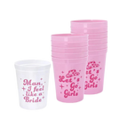 Pink and white bachelorette cups with fun bridal sayings from Parte Haus party supply store in Bethesda MD