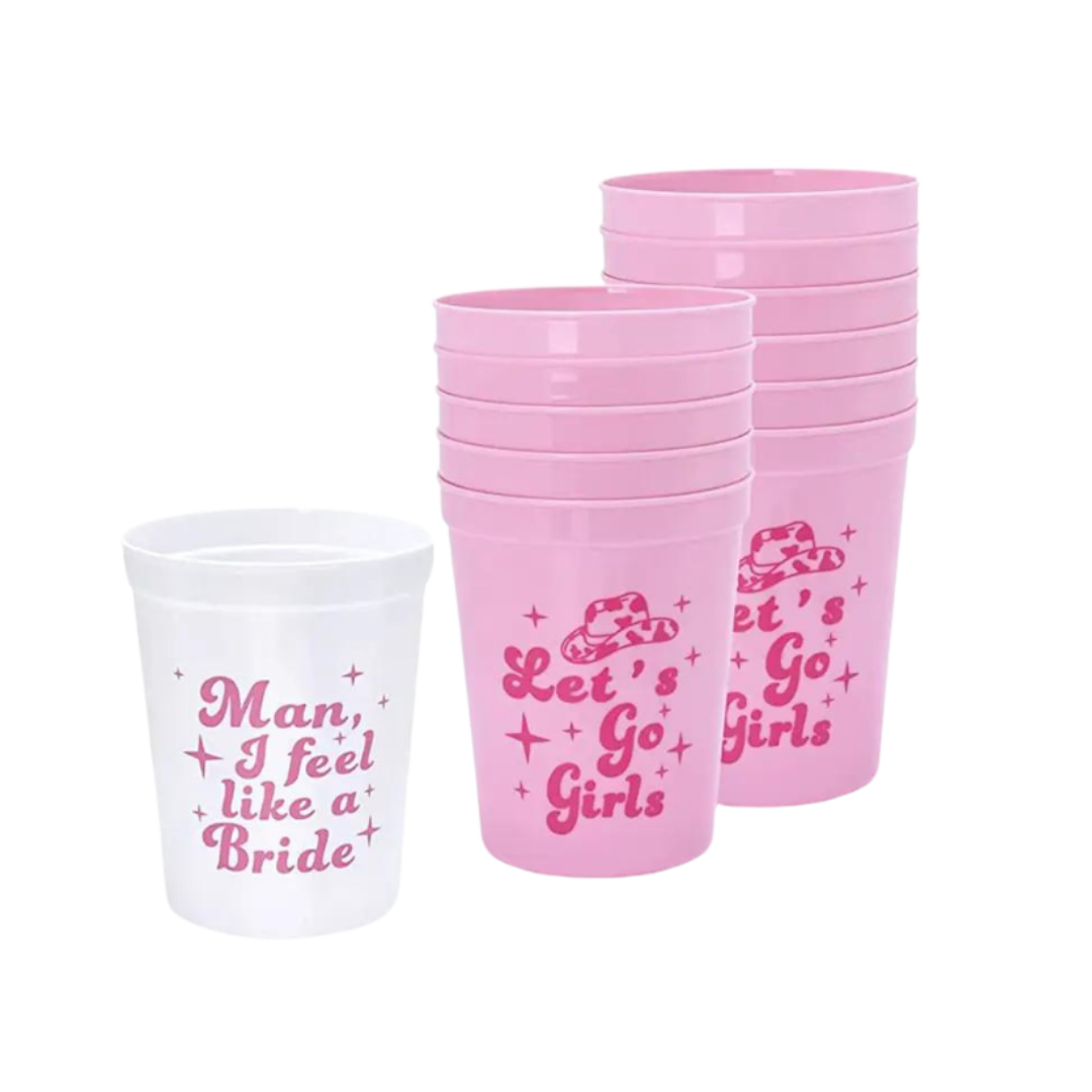 Pink and white bachelorette cups with fun bridal sayings from Parte Haus party supply store in Bethesda MD