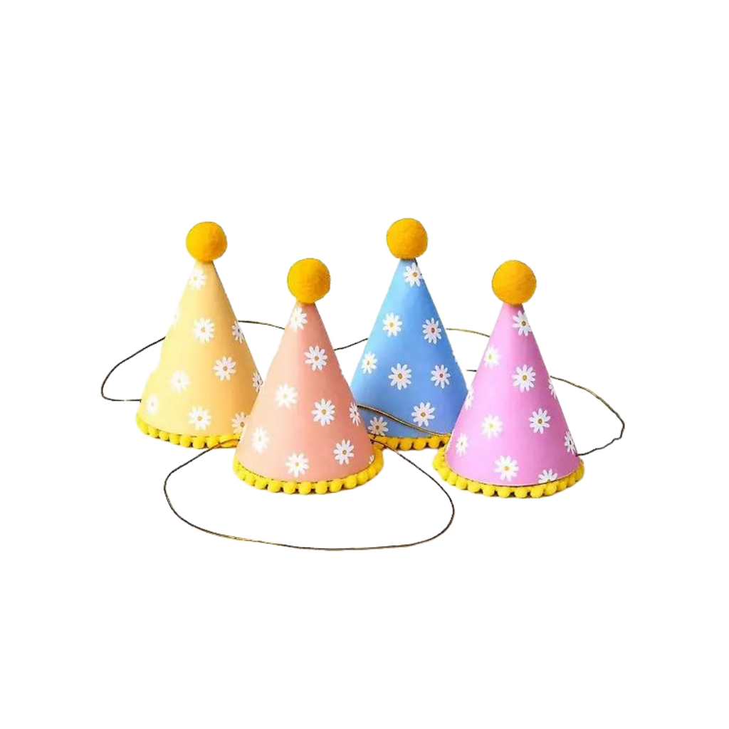 Pastel retro daisy party hats with yellow pom poms for birthday from Parte Haus party supply store in Bethesda MD