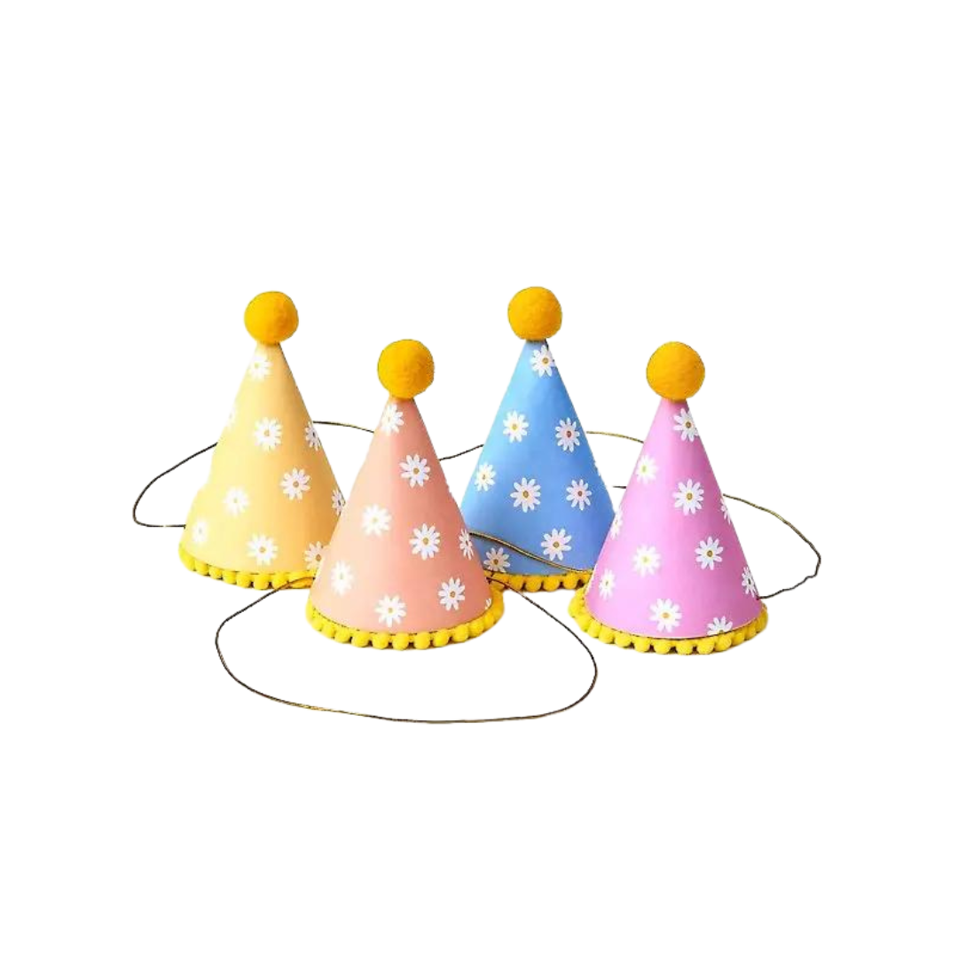 Pastel retro daisy party hats with yellow pom poms for birthday from Parte Haus party supply store in Bethesda MD