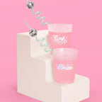 Pink reusable disco swirly straws and cups for bachelorette party from Parte Haus party supply store in Bethesda Maryland