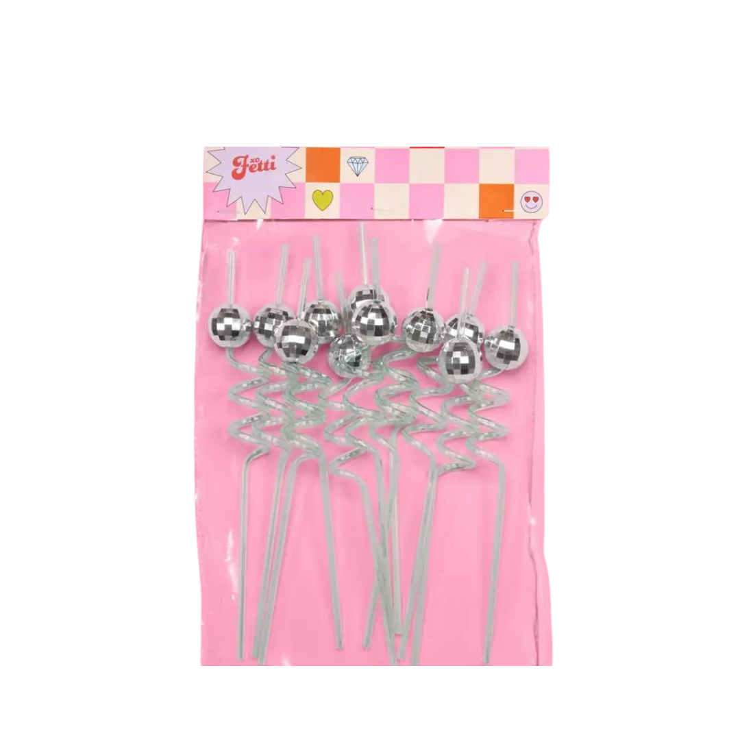 Silver disco ball swirly straws for groovy disco bachelorette parties from Parte Haus party supply store in Bethesda MD