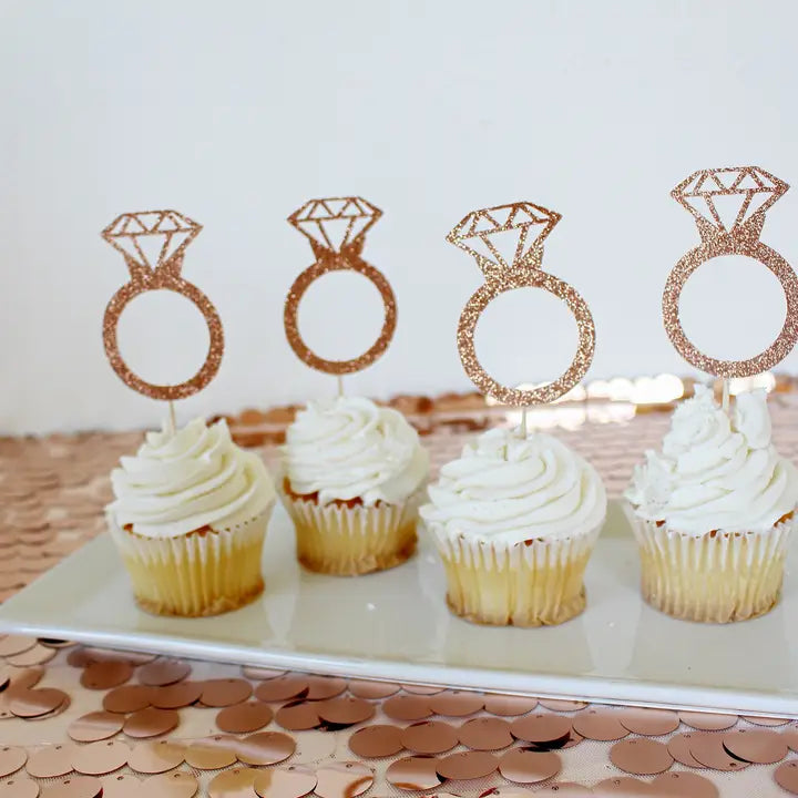 Rose gold ring cupcake toppers decorate cupcakes for bridal shower from Parte Haus party supply store in Bethesda MD