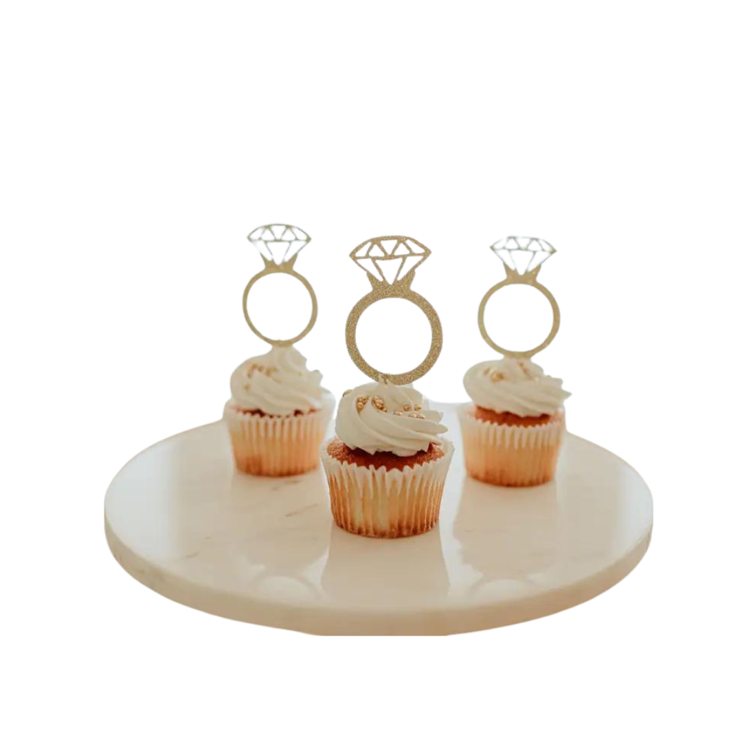 gold diamond ring cupcake toppers on cupcakes for bridal shower theme from Parte Haus party supply store in Bethesda Maryland