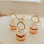 Gold diamond ring cupcake toppers on frosted cupcakes bridal shower from Parte Haus party supply store in Bethesda MD