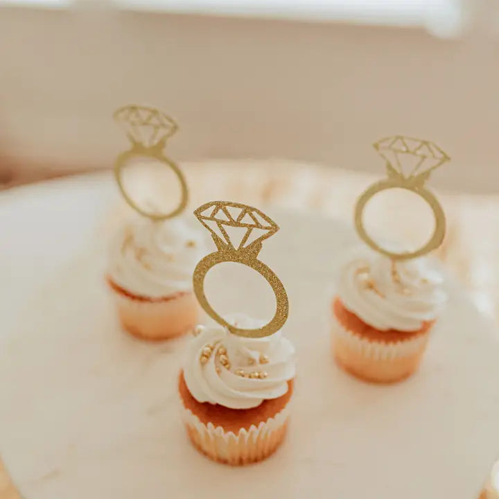 Gold diamond ring cupcake toppers on frosted cupcakes bridal shower from Parte Haus party supply store in Bethesda MD