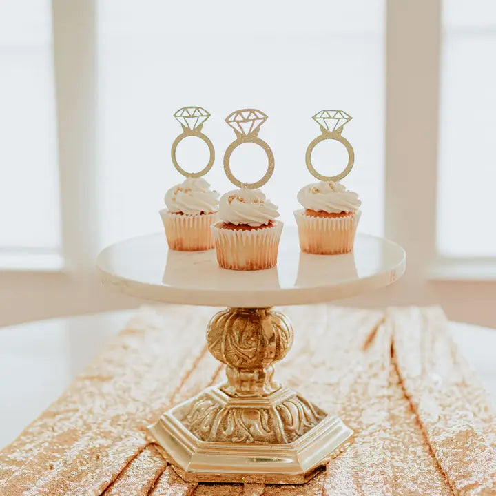 Gold diamond ring cupcake toppers on cupcakes for bridal shower from Parte Haus party supply store in Bethesda Maryland