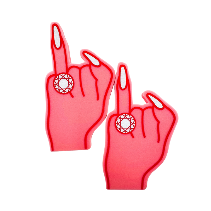 Pink foam finger with diamond ring for bachelorette party from Parte Haus party supply store in Bethesda Maryland