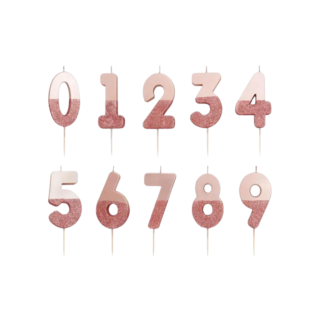 Rose gold glitter number candle set for birthdays from Parte Haus party supply store in Bethesda Maryland