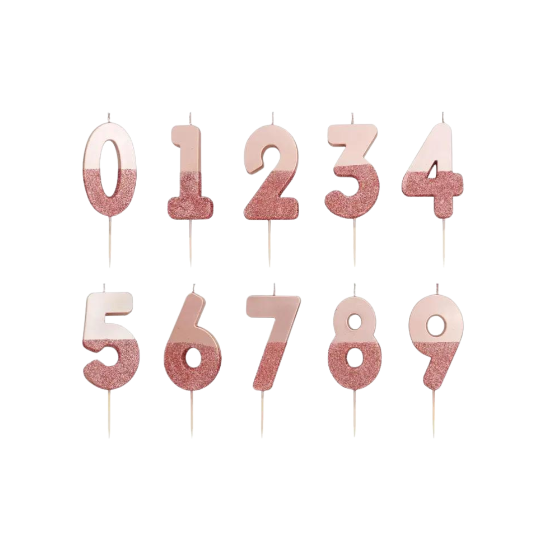 Rose gold glitter number candle set for birthdays from Parte Haus party supply store in Bethesda Maryland
