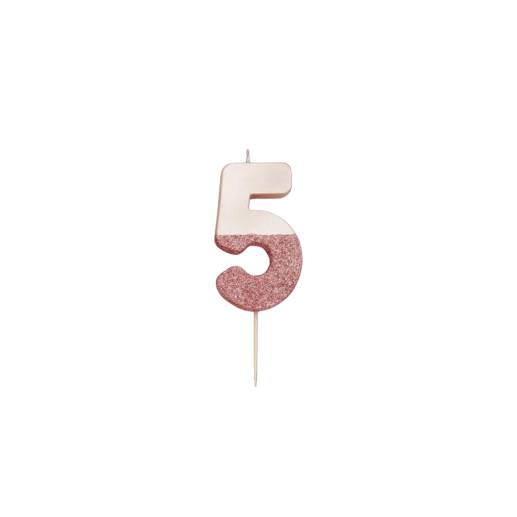 Rose gold glitter number candle shaped like five birthday decoration from Parte Haus party supply store in Bethesda Maryland