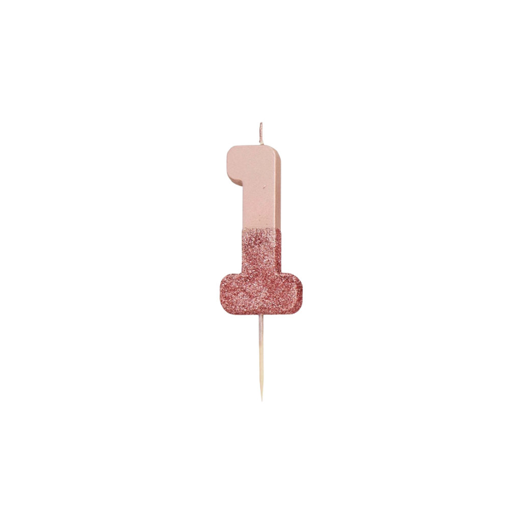 Rose gold glitter number candle shaped as one for birthday from Parte Haus party supply store in Bethesda Maryland