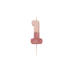 Rose gold glitter number candle shaped as one for birthday from Parte Haus party supply store in Bethesda Maryland