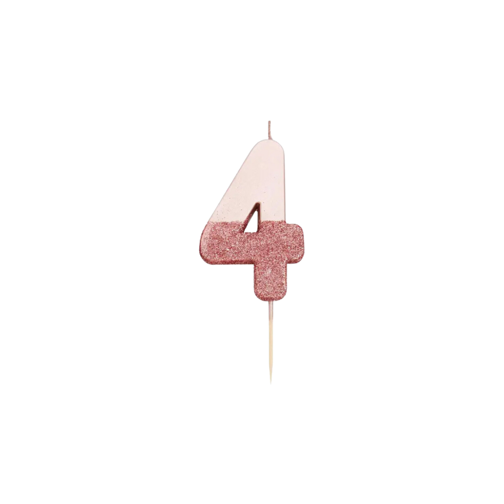 Rose gold glitter number 4 candle for birthday from Parte Haus party supply store in Bethesda MD
