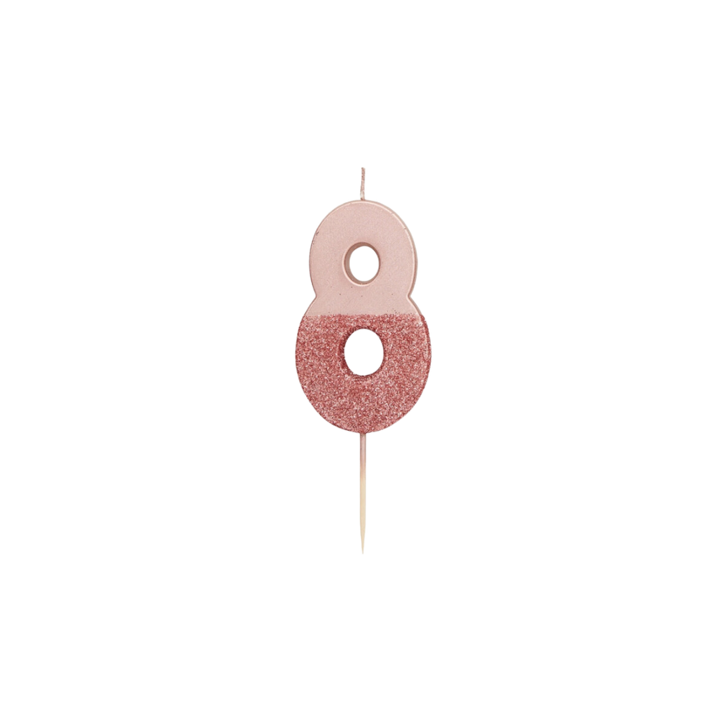 Rose gold glitter number candle shaped like 8 birthday theme from Parte Haus party supply store in Bethesda, MD