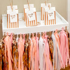 Rose gold striped treat bags with thank you labels for birthday from Parte Haus party supply store in Bethesda MD