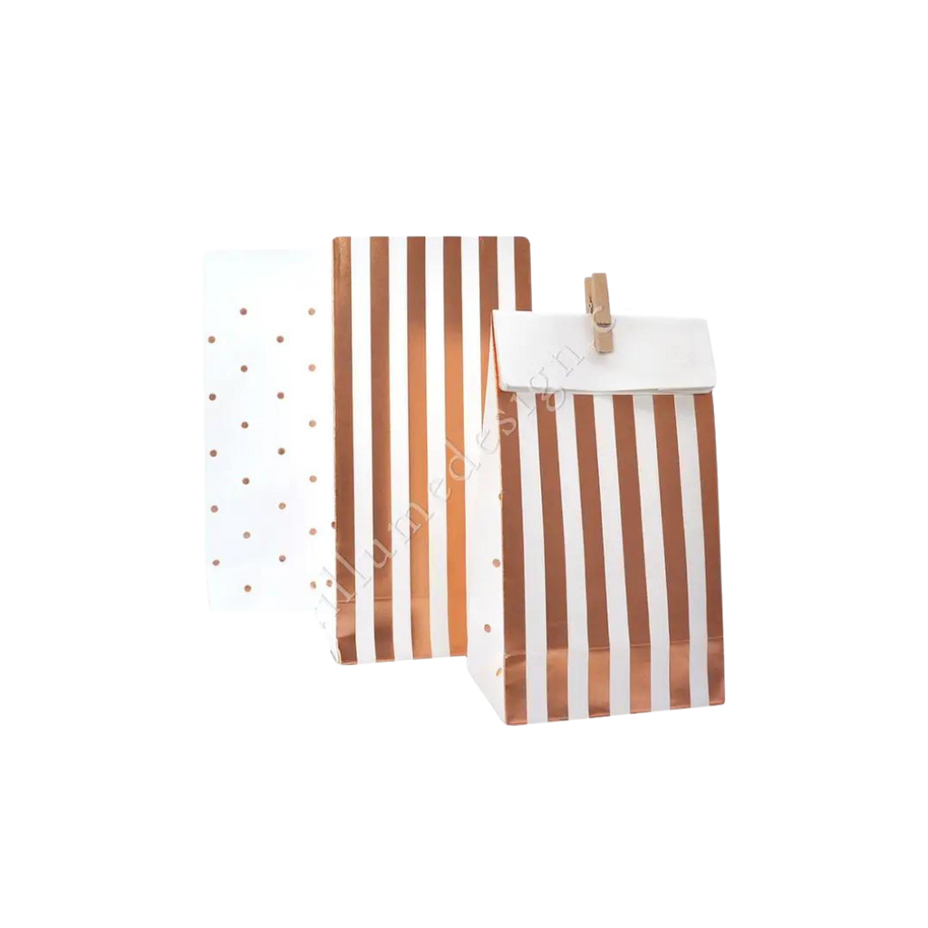 Rose gold treat bag with stripes and dots for birthdays from Parte Haus party supply store in Bethesda Maryland